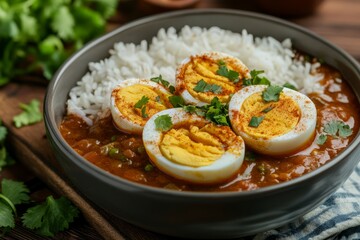 Indian egg curry dish with rice, perfect for a hearty meal.