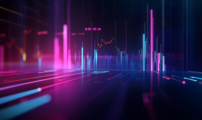 Futuristic financial dashboards and luxury business charts with glowing neon lines, gold accents, and connected nodes for corporate branding.