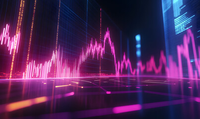 Futuristic financial dashboards and luxury business charts with glowing neon lines, gold accents, and connected nodes for corporate branding.