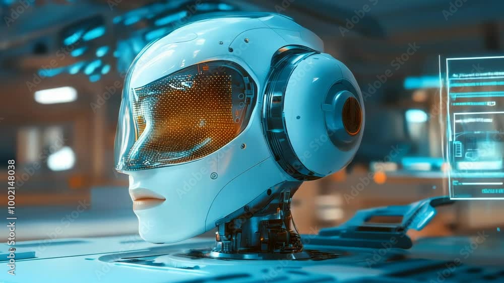 Poster high-tech ai robotics automation in futuristic industrial setting with advanced robotic head