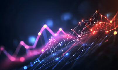 Futuristic financial dashboards and luxury business charts with glowing neon lines, gold accents, and connected nodes for corporate branding.