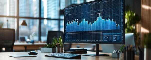 Automated financial growth chart displayed on a large screen in a modern office