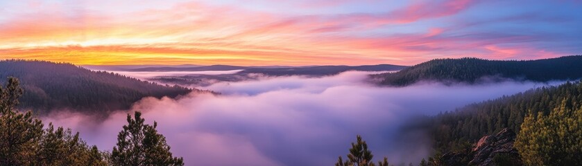 Fototapeta premium Breathtaking Panoramic View of a Colorful Sunrise Over a Misty Forest Landscape with Rolling Hills and Vibrant Sky