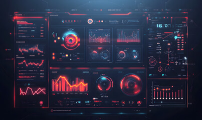Fototapeta premium Futuristic financial dashboards and luxury business charts with glowing neon lines, gold accents, and connected nodes for corporate branding.