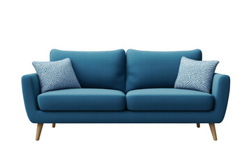 Blue sofa with legs and pillows on a transparent background