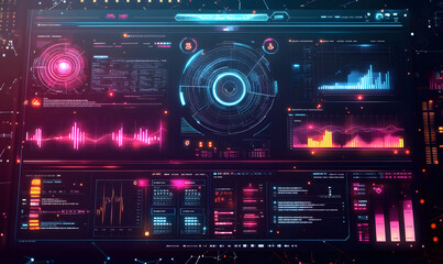Obraz premium Futuristic financial dashboards and luxury business charts with glowing neon lines, gold accents, and connected nodes for corporate branding.
