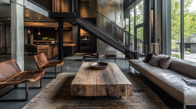 Modern rustic living room with a mix of industrial and natural materials, such as wood and metal. - Powered by Adobe
