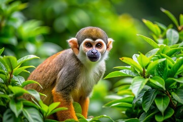 Obraz premium Common squirrel monkey foraging in lush green foliage, showcasing its natural habitat in 4K UHD