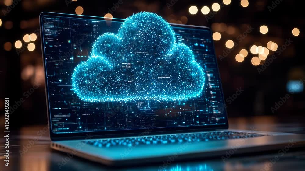 Aufkleber laptop displaying cloud computing diagram in modern workspace at night highlighting digital transfor