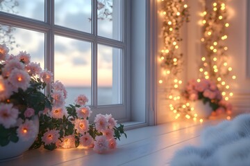 A serene interior scene featuring pink flowers by a window, softly lit with fairy lights, creating a cozy atmosphere.