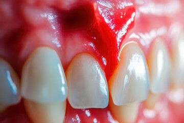 Fototapeta premium Red and swollen gums with bleeding, advanced gingivitis symptoms