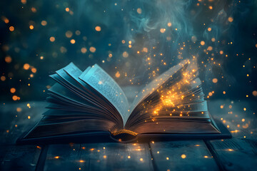 Magic book with open pages and abstract bokeh background.