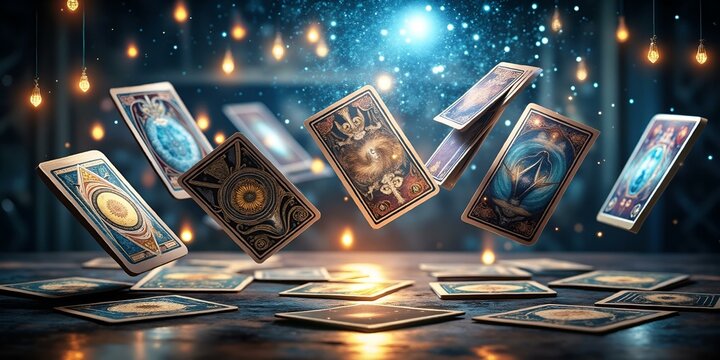 Floating tarot cards surrounded by glowing light in a mystical setting with dramatic lighting