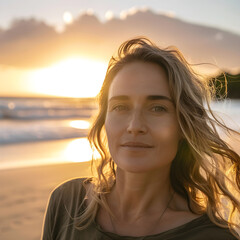 Fototapeta premium Woman enjoying sunset on the beach with wind in hair