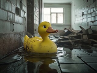 Vivid Yellow Duck Exploring an Abandoned Space: Perfect Poster for Sporty Interiors, Infusing Quirkiness and Color into Modern Rooms