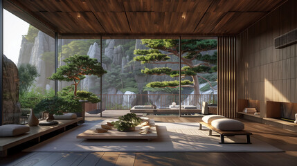 Fototapeta premium Rustic dining area with Japanese-style wood and stone feel furniture, a pot stove, and a Zen garden 