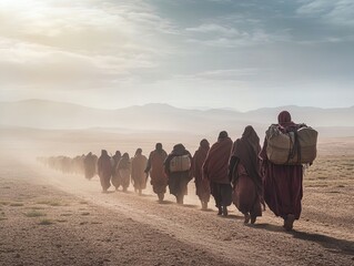 Fototapeta premium Nomadic Caravan Adventure: Unique Artifacts and Distinctive Clothing Under Morning Sun - Perfect for a Sports Interior Poster