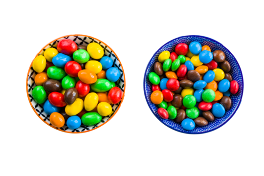 M&M's candy in the bowl on the white background, colorful candy, multicolored gradient