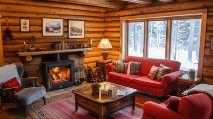 Living room with exposed log walls, cozy furnishings, and a roaring fireplace.