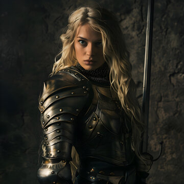 Blonde warrior queen posing with sword near stone wall