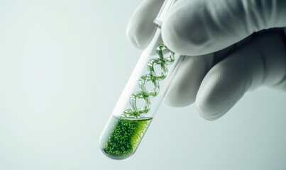 A person is holding a test tube with a green liquid inside