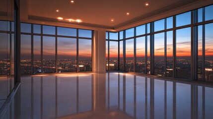 Fototapeta premium Empty high-rise room with large glass windows overlooking the stunning lights of the city at night.