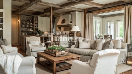Fototapeta premium Living room with weathered wood, soft fabrics, and a cozy, welcoming feel.