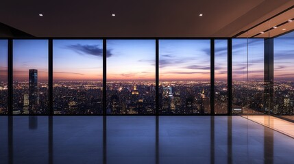 Fototapeta premium Empty high-rise room with large glass windows overlooking the stunning lights of the city at night.