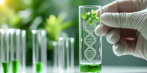 Scientist is holding DNA plant in a glass tube