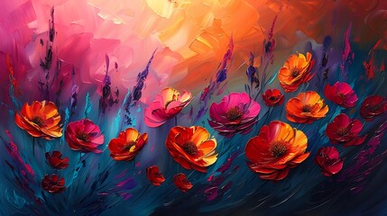 Modern abstract painting with bold strokes featuring colorful blossoms in vibrant shades of red and orange No animation and artistic picture