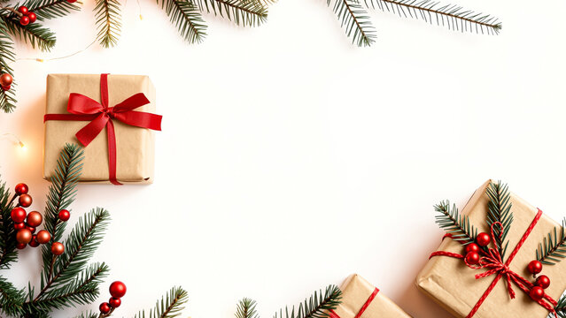Christmas Gifts with Pine Branches and Red Berries on a White Background