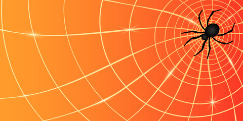 Abstract Halloween banner with spider web and big black spider on gradient orange background. Vector illustration