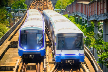 View two electric train subway station depot.