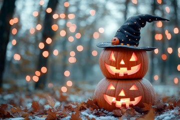 Naklejka premium Halloween pumpkins in a festive fall setting with vibrant leaves.