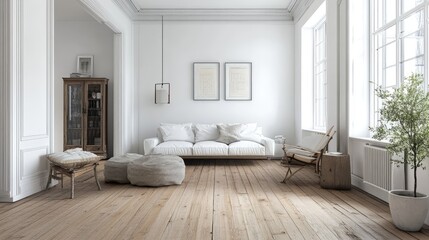Living room with white walls, wooden floors, and simple, functional furniture.