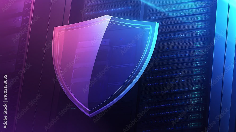 Aufkleber A 3D rendered image of a glass shield in front of a server rack, symbolizing cybersecurity and data protection.
