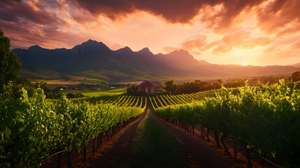 Naklejka premium Vineyard Sunset with Mountain Range in South Africa