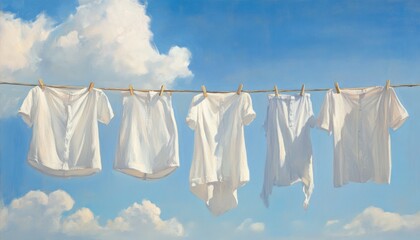 White laundry drying under the sun with a bright blue sky backdrop.