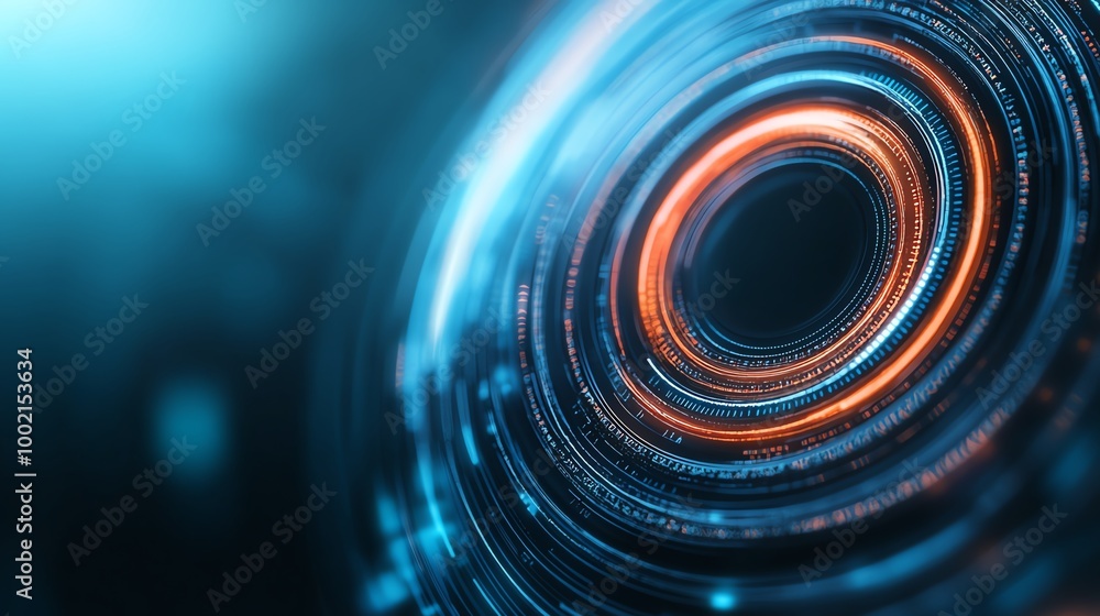 Poster abstract futuristic background with glowing circular patterns in blue and orange hues.