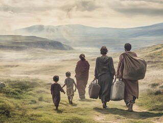 Embrace Hope and Togetherness: A Family Trekking Through Nature's Grassy Plains - Perfect for a Sports-Themed Poster to Inspire Adventure and Unity in Your Space!