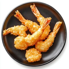Authentic shrimp crispy tempura on black plate isolated on white background