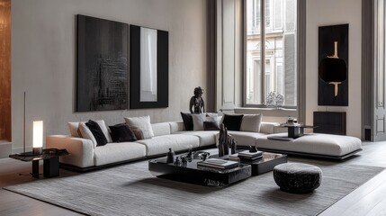 Sleek, high-end living room with modern furniture, black-and-white decor, and a minimalist aesthetic.