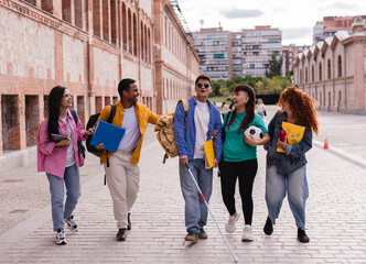 Diverse Group of College Students Walking Outdoors and Laughing