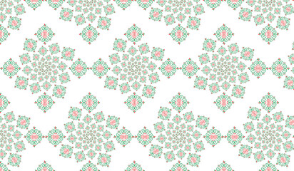 Hmong ethnic pattern, a spiral pattern that forms green and red flowers, used in clothing design.