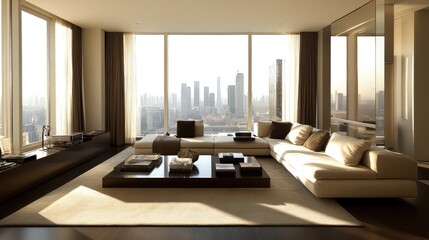 Sophisticated contemporary living room with a neutral palette, large windows, and elegant, minimalist furniture.