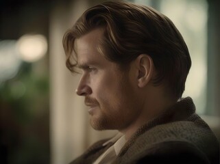 Close-Up Profile Portrait of a Depressed Man Sitting on a Chair on the Porch, Contemplating