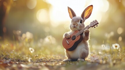 Rabbit Playing Ukulele in Nature
