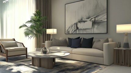 Fototapeta premium Sophisticated urban living room with modern furniture, neutral tones, and a large abstract art piece on the wall.