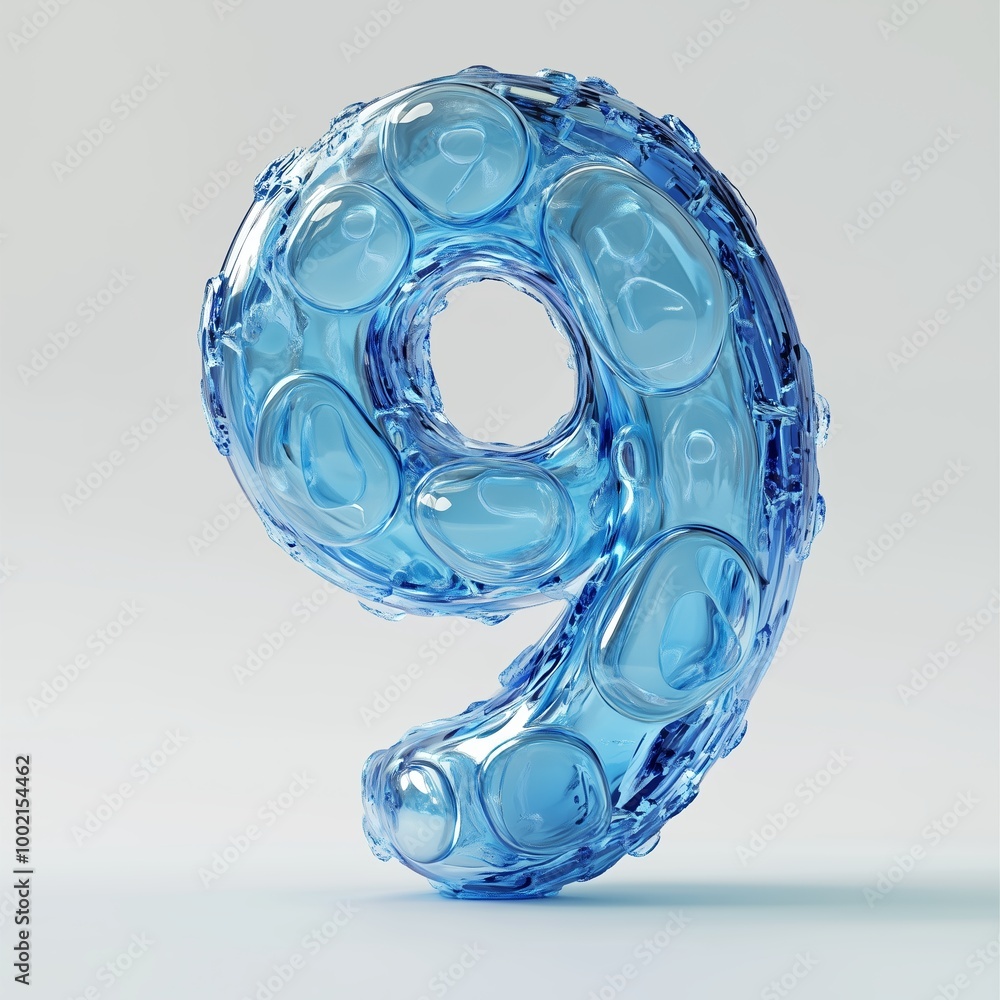 Poster a creative representation of the number nine in translucent blue with bubble-like textures on a ligh