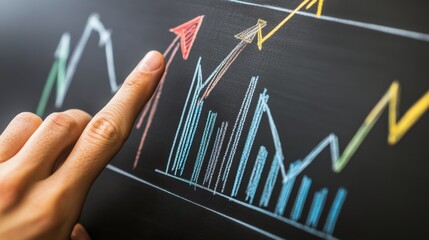 Financial growth chart drawn by fingers on a blackboard, with clear upward arrows and marked profit lines.
